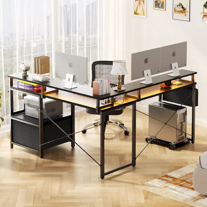 Bureau d'Angle en L pour 1 Personne, avec Prise de Courant, Ports USB, Bande LED et Rangement (Noir / Marron Rustique / Chêne Gris / Blanc)