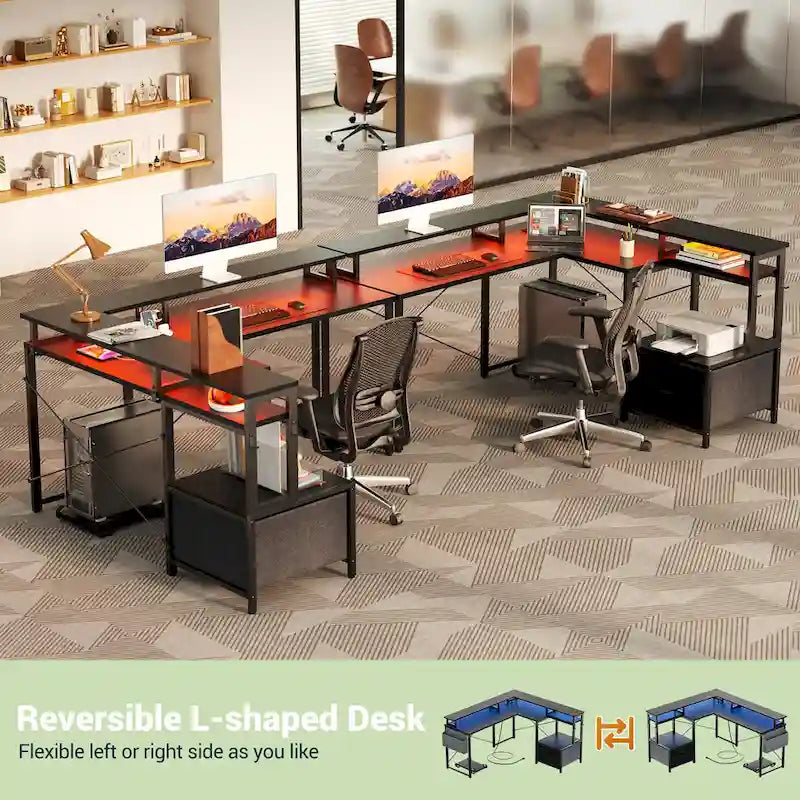 Bureau d'Angle en L pour 1 Personne, avec Prise de Courant, Ports USB, Bande LED et Rangement (Noir / Marron Rustique / Chêne Gris / Blanc)