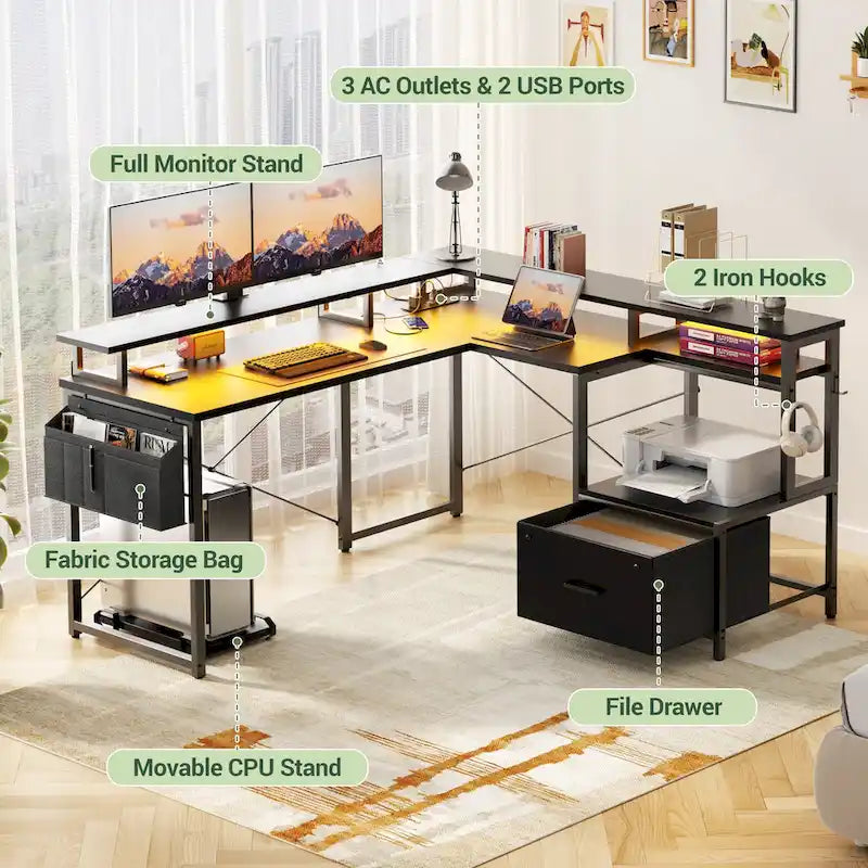 Bureau d'Angle en L pour 1 Personne, avec Prise de Courant, Ports USB, Bande LED et Rangement (Noir / Marron Rustique / Chêne Gris / Blanc)