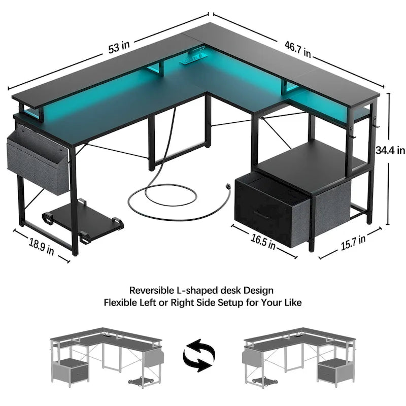 Bureau d'Angle en L pour 1 Personne, avec Prise de Courant, Ports USB, Bande LED et Rangement (Noir / Marron Rustique / Chêne Gris / Blanc)