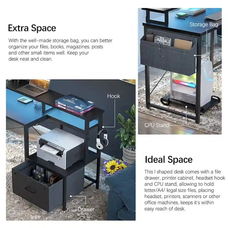 Bureau d'Angle en L pour 1 Personne, avec Prise de Courant, Ports USB, Bande LED et Rangement (Noir / Marron Rustique / Chêne Gris / Blanc)