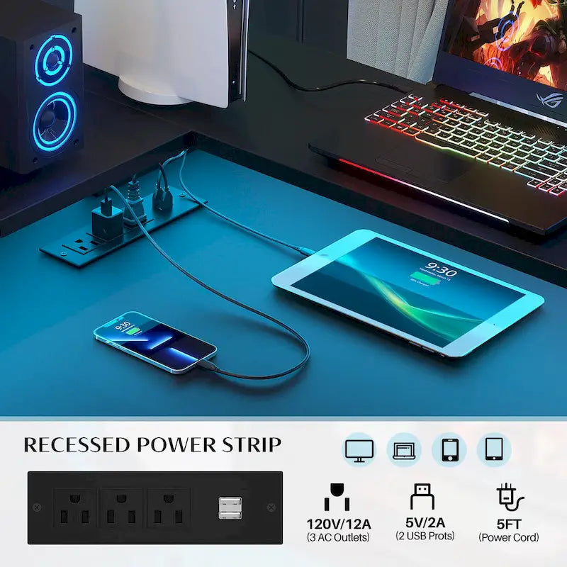 Bureau d'Angle en L pour 1 Personne, avec Prise de Courant, Ports USB, Bande LED et Rangement (Noir / Marron Rustique / Chêne Gris / Blanc)