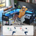 Bureau d'Angle en L pour 1 Personne, avec Prise de Courant, Ports USB, Bande LED et Rangement (Noir / Marron Rustique / Chêne Gris / Blanc)