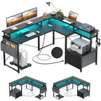 Bureau d'Angle en L pour 1 Personne, avec Prise de Courant, Ports USB, Bande LED et Rangement (Noir / Marron Rustique / Chêne Gris / Blanc)