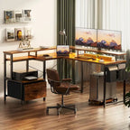 Bureau d'Angle en L pour 1 Personne, avec Prise de Courant, Ports USB, Bande LED et Rangement (Noir / Marron Rustique / Chêne Gris / Blanc)