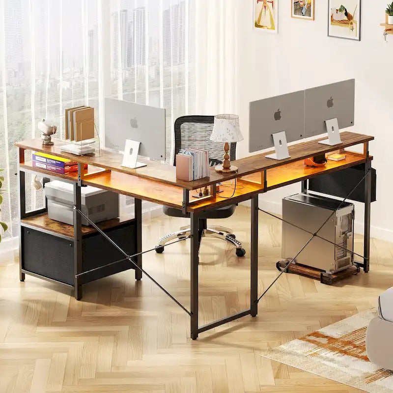 Bureau d'Angle en L pour 1 Personne, avec Prise de Courant, Ports USB, Bande LED et Rangement (Noir / Marron Rustique / Chêne Gris / Blanc)