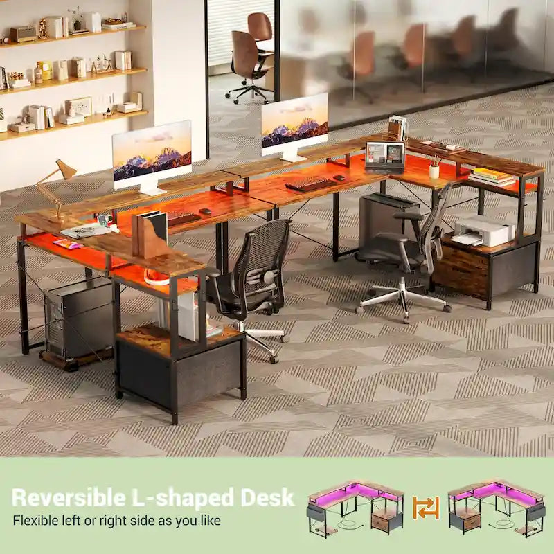 Bureau d'Angle en L pour 1 Personne, avec Prise de Courant, Ports USB, Bande LED et Rangement (Noir / Marron Rustique / Chêne Gris / Blanc)