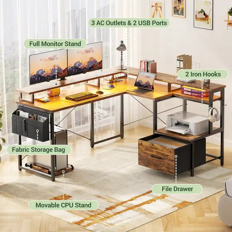 Bureau d'Angle en L pour 1 Personne, avec Prise de Courant, Ports USB, Bande LED et Rangement (Noir / Marron Rustique / Chêne Gris / Blanc)