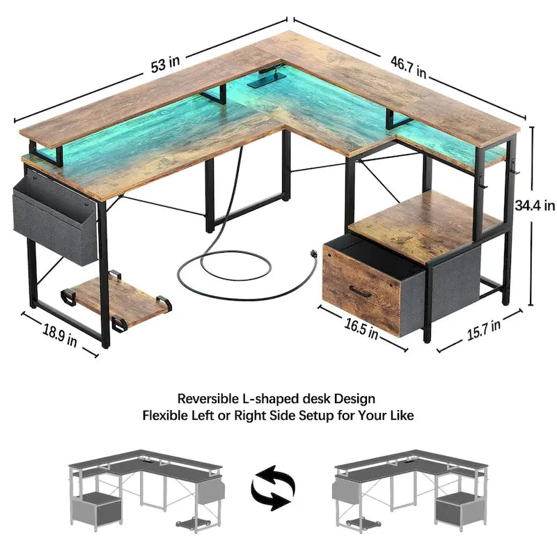 Bureau d'Angle en L pour 1 Personne, avec Prise de Courant, Ports USB, Bande LED et Rangement (Noir / Marron Rustique / Chêne Gris / Blanc)