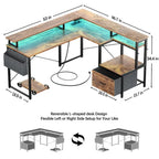 Bureau d'Angle en L pour 1 Personne, avec Prise de Courant, Ports USB, Bande LED et Rangement (Noir / Marron Rustique / Chêne Gris / Blanc)