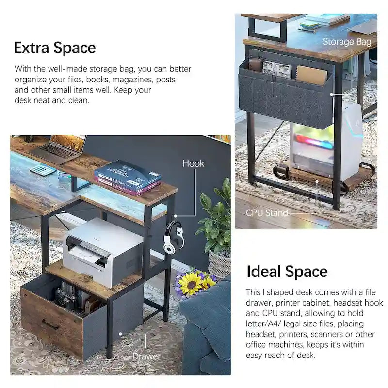 Bureau d'Angle en L pour 1 Personne, avec Prise de Courant, Ports USB, Bande LED et Rangement (Noir / Marron Rustique / Chêne Gris / Blanc)