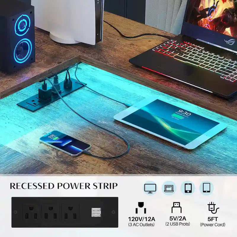 Bureau d'Angle en L pour 1 Personne, avec Prise de Courant, Ports USB, Bande LED et Rangement (Noir / Marron Rustique / Chêne Gris / Blanc)