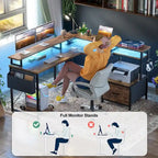 Bureau d'Angle en L pour 1 Personne, avec Prise de Courant, Ports USB, Bande LED et Rangement (Noir / Marron Rustique / Chêne Gris / Blanc)
