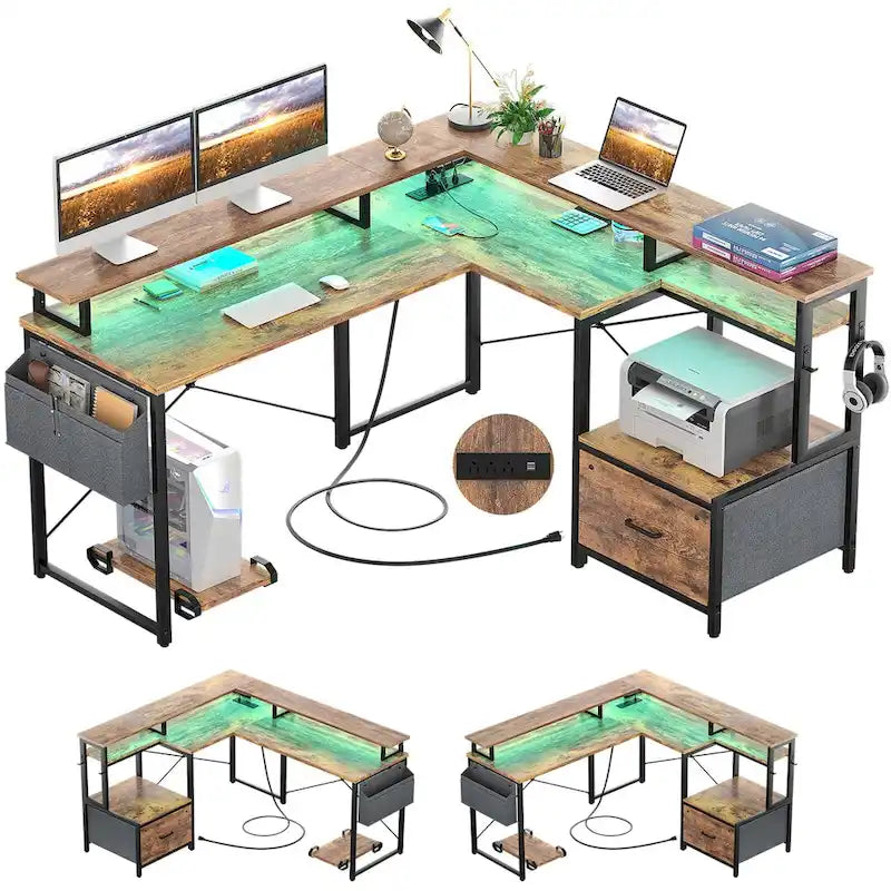 Bureau d'Angle en L pour 1 Personne, avec Prise de Courant, Ports USB, Bande LED et Rangement (Noir / Marron Rustique / Chêne Gris / Blanc)