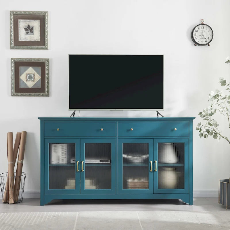 Meuble TV bleu sarcelle en verre cannelé avec 2 armoires, 2 tiroirs et poignées dorées
