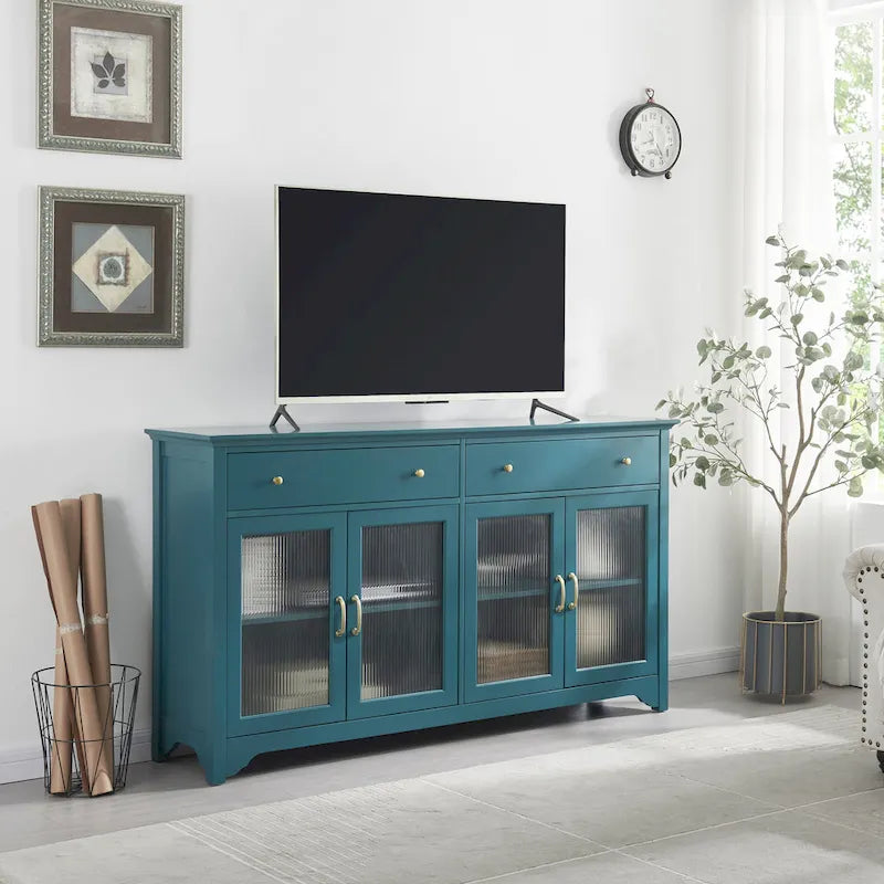 Meuble TV bleu sarcelle en verre cannelé avec 2 armoires, 2 tiroirs et poignées dorées