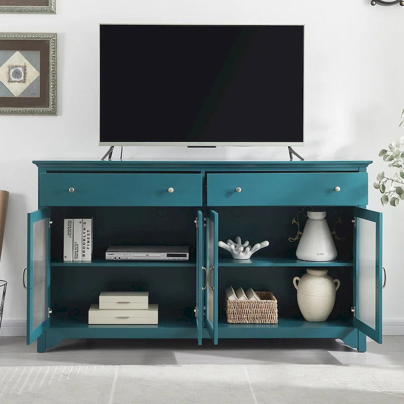 Meuble TV bleu sarcelle en verre cannelé avec 2 armoires, 2 tiroirs et poignées dorées