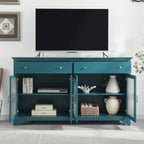 Meuble TV bleu sarcelle en verre cannelé avec 2 armoires, 2 tiroirs et poignées dorées