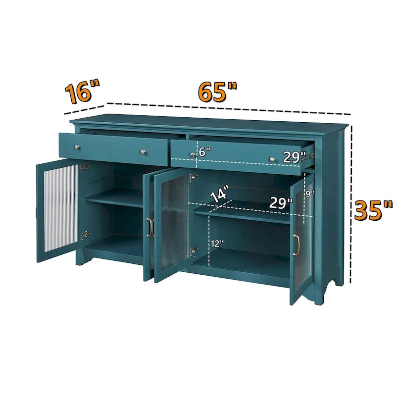 Meuble TV bleu sarcelle en verre cannelé avec 2 armoires, 2 tiroirs et poignées dorées