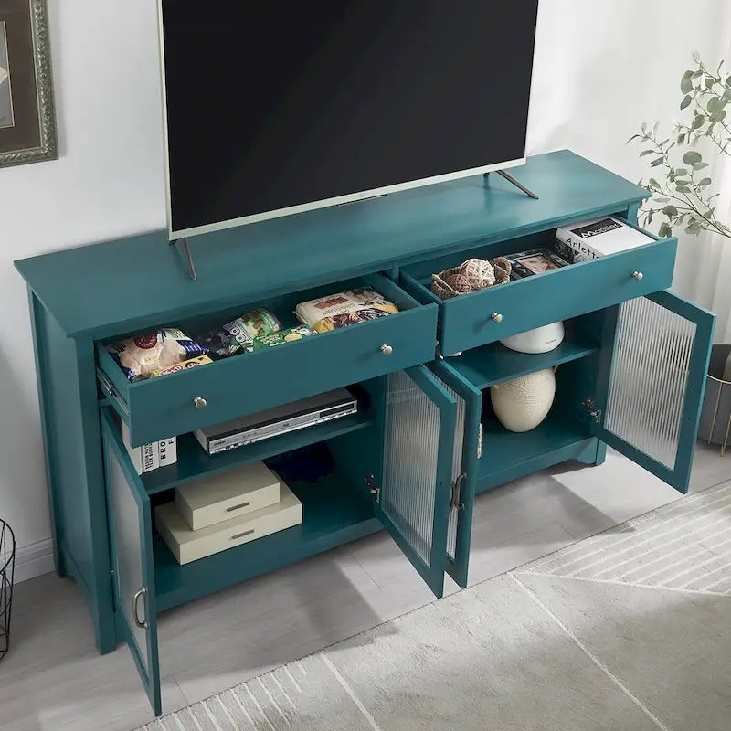 Meuble TV bleu sarcelle en verre cannelé avec 2 armoires, 2 tiroirs et poignées dorées