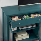 Meuble TV bleu sarcelle en verre cannelé avec 2 armoires, 2 tiroirs et poignées dorées