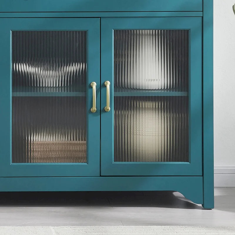 Meuble TV bleu sarcelle en verre cannelé avec 2 armoires, 2 tiroirs et poignées dorées