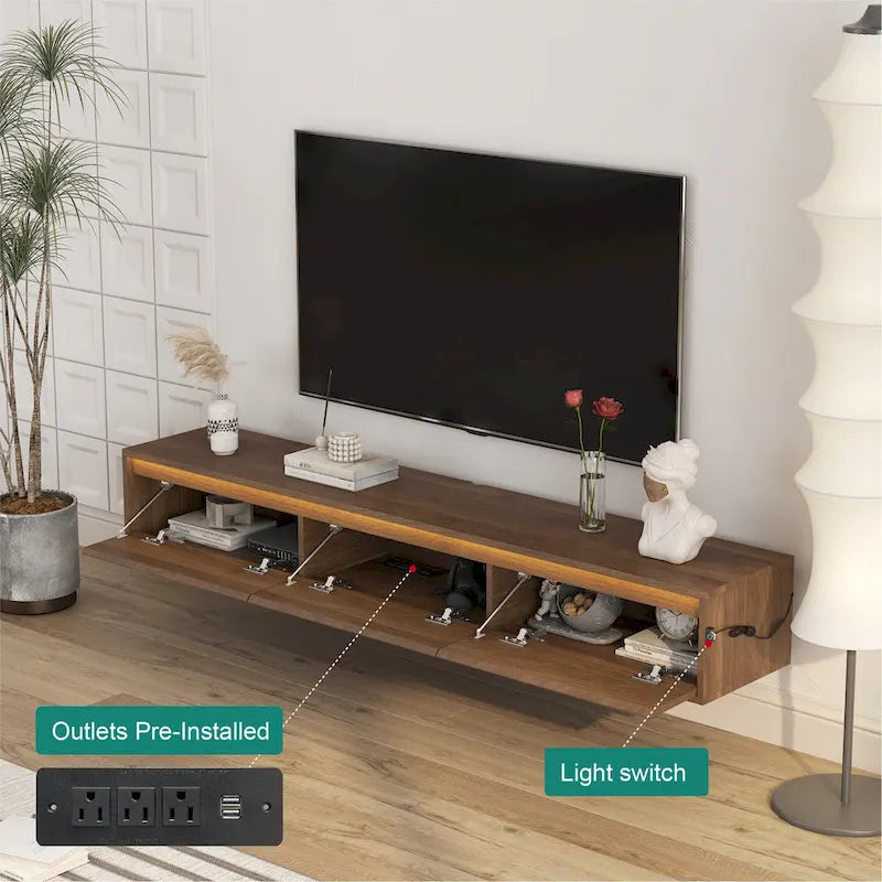 Meuble TV flottant en bois avec lumières LED et ports de charge – 1 unité