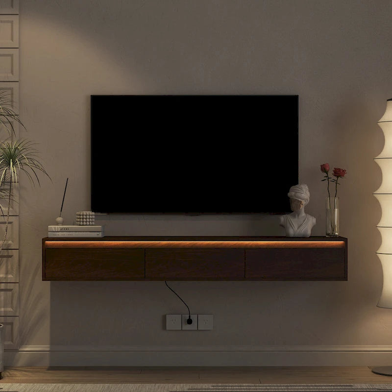 Meuble TV flottant en bois avec lumières LED et ports de charge – 1 unité