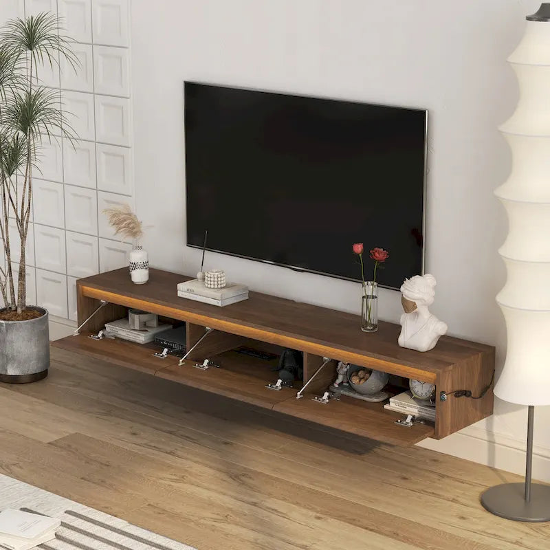 Meuble TV flottant en bois avec lumières LED et ports de charge – 1 unité