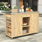 Îlot de cuisine d'extérieur sur roulettes en bois naturel / gris / noir et acier inoxydable avec portes de grange, tiroir et plateau rabattable – Utilisation 1 personne