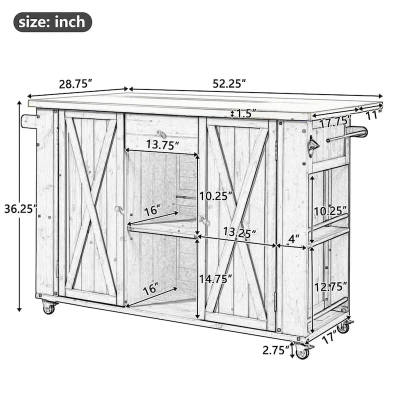 Îlot de cuisine d'extérieur sur roulettes en bois naturel / gris / noir et acier inoxydable avec portes de grange, tiroir et plateau rabattable – Utilisation 1 personne