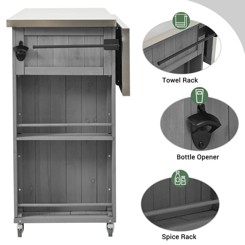 Îlot de cuisine d'extérieur sur roulettes en bois naturel / gris / noir et acier inoxydable avec portes de grange, tiroir et plateau rabattable – Utilisation 1 personne