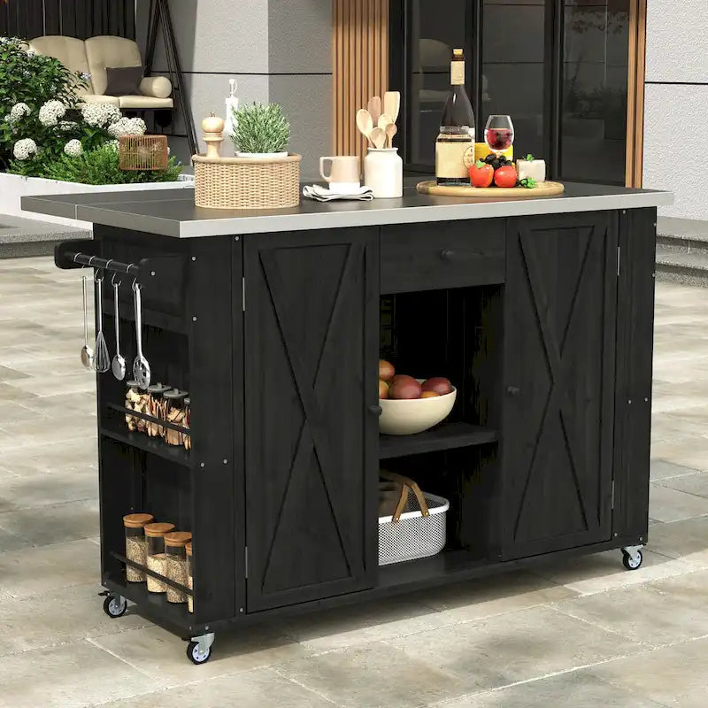 Îlot de cuisine d'extérieur sur roulettes en bois naturel / gris / noir et acier inoxydable avec portes de grange, tiroir et plateau rabattable – Utilisation 1 personne