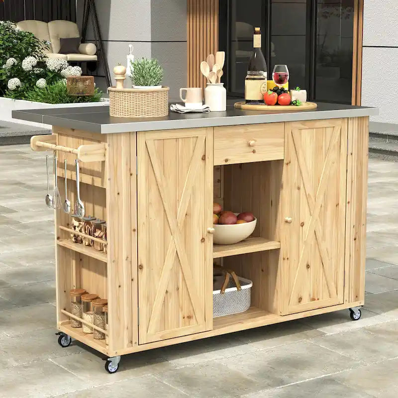 Îlot de cuisine d'extérieur sur roulettes en bois naturel / gris / noir et acier inoxydable avec portes de grange, tiroir et plateau rabattable – Utilisation 1 personne