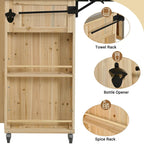 Îlot de cuisine d'extérieur sur roulettes en bois naturel / gris / noir et acier inoxydable avec portes de grange, tiroir et plateau rabattable – Utilisation 1 personne