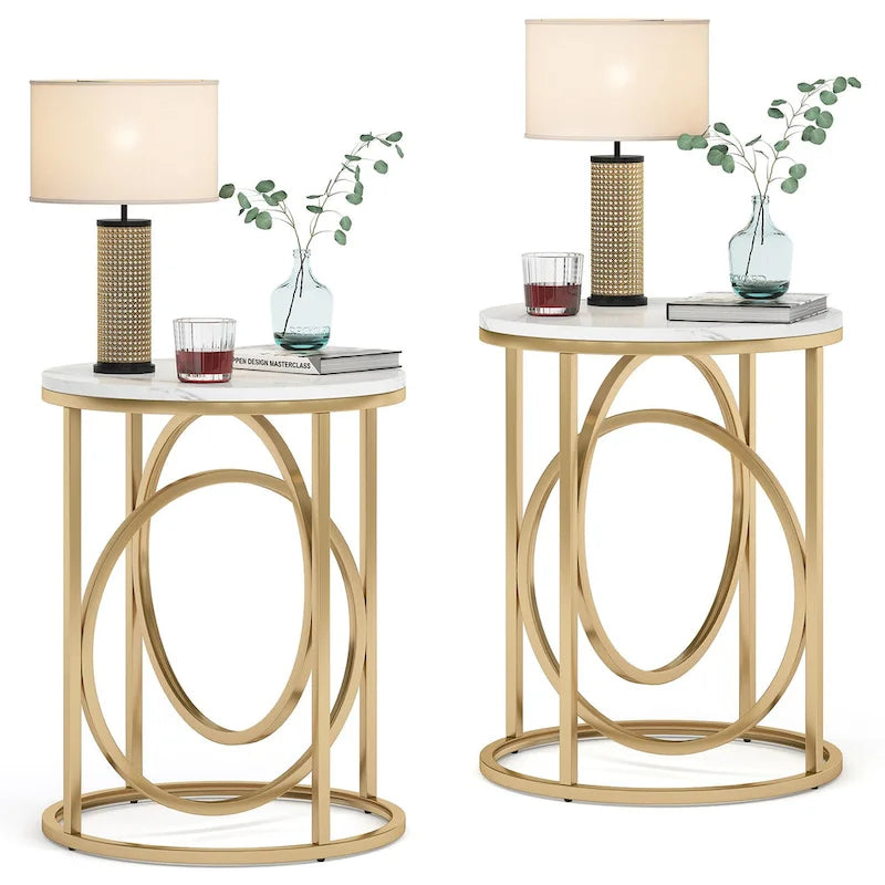 Table d'appoint ronde, blanc/doré ou marron/noir, cadre en métal, 1 ou 2 pièces