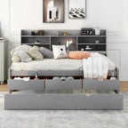 Lit plateforme capitaine grandeur nature blanc / gris clair / gris antique avec bibliothèque, tiroirs et lit gigogne, 1 personne