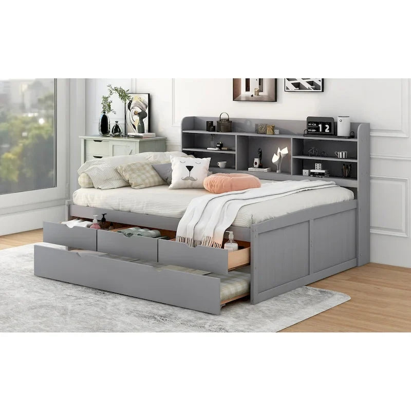 Lit plateforme capitaine grandeur nature blanc / gris clair / gris antique avec bibliothèque, tiroirs et lit gigogne, 1 personne