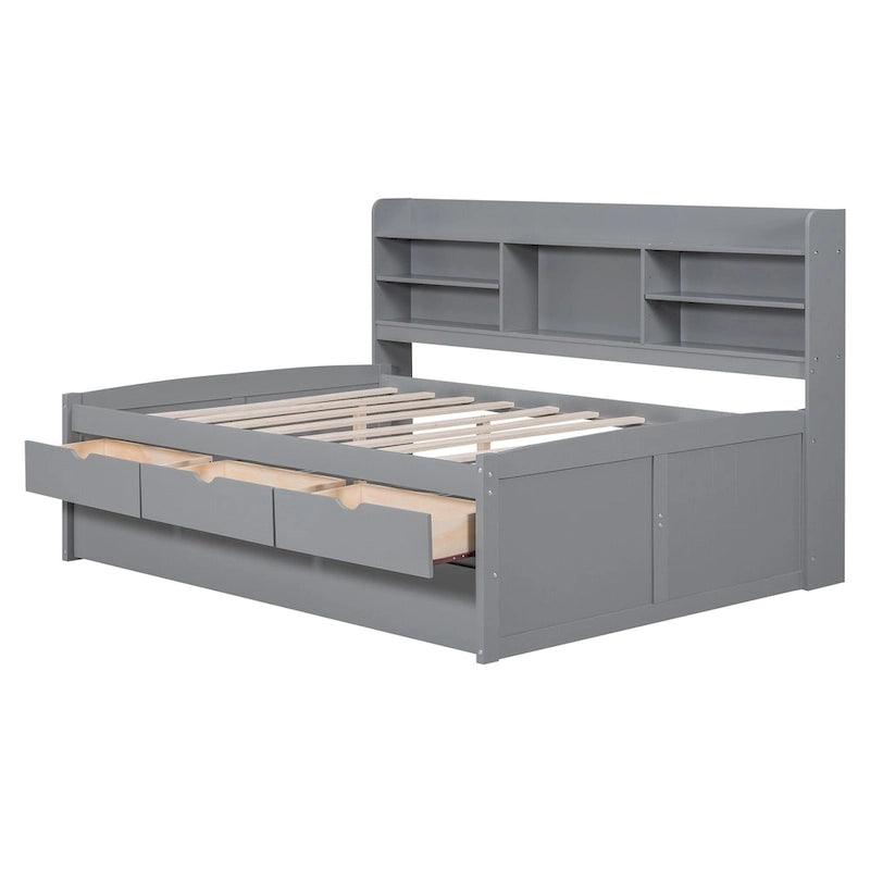 Lit plateforme capitaine grandeur nature blanc / gris clair / gris antique avec bibliothèque, tiroirs et lit gigogne, 1 personne