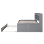 Lit plateforme capitaine grandeur nature blanc / gris clair / gris antique avec bibliothèque, tiroirs et lit gigogne, 1 personne