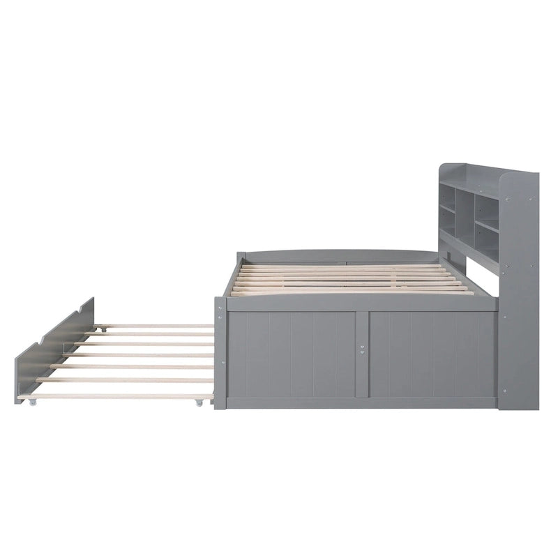 Lit plateforme capitaine grandeur nature blanc / gris clair / gris antique avec bibliothèque, tiroirs et lit gigogne, 1 personne