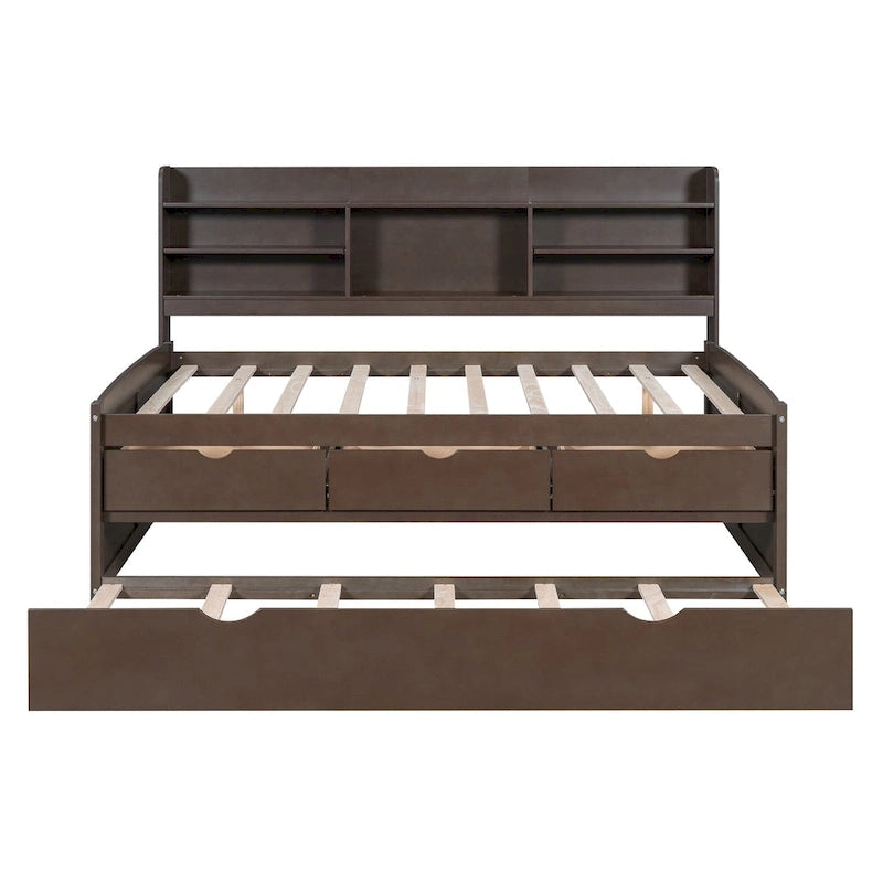 Lit plateforme capitaine grandeur nature blanc / gris clair / gris antique avec bibliothèque, tiroirs et lit gigogne, 1 personne