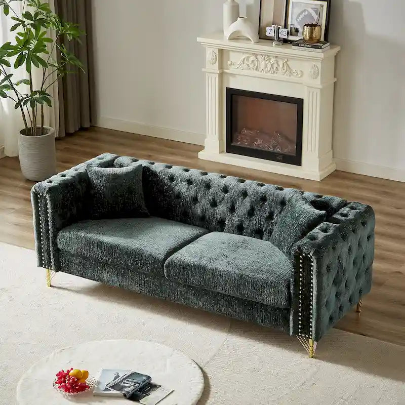 Canapé 3 places Chesterfield en chenille verte avec pieds en métal