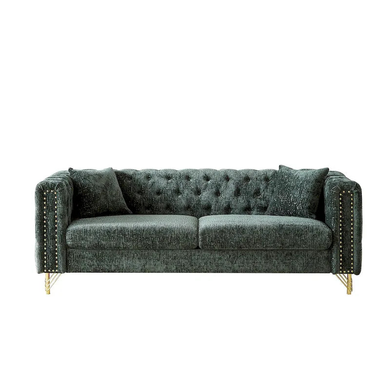 Canapé 3 places Chesterfield en chenille verte avec pieds en métal