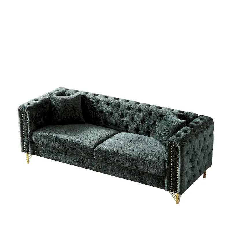Canapé 3 places Chesterfield en chenille verte avec pieds en métal