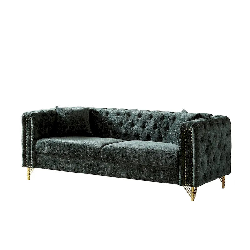 Canapé 3 places Chesterfield en chenille verte avec pieds en métal