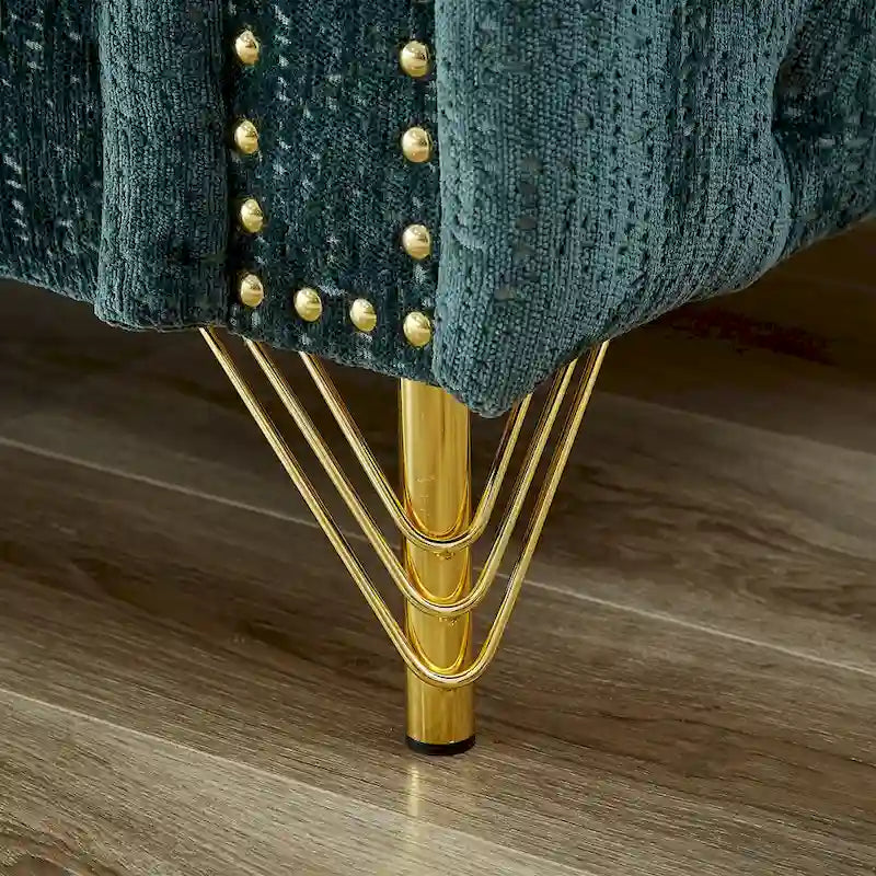 Canapé 3 places Chesterfield en chenille verte avec pieds en métal