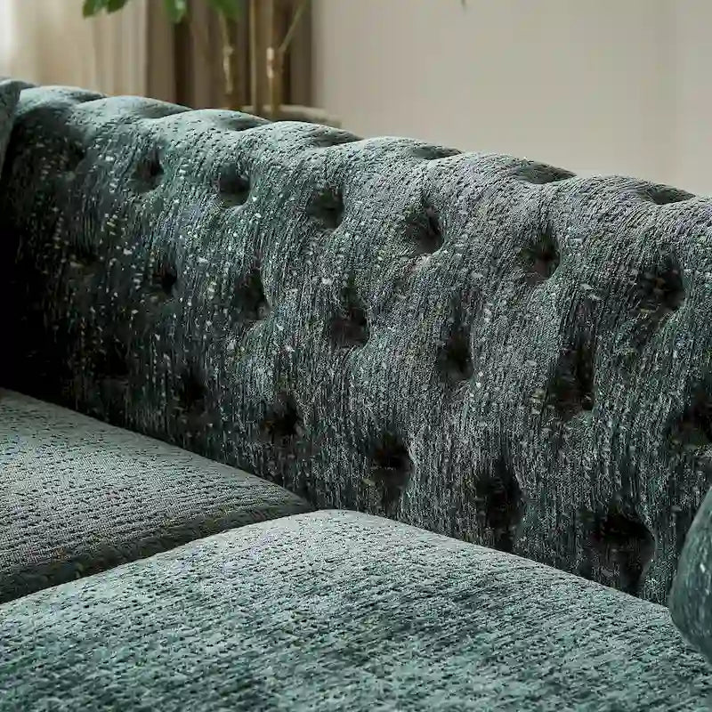 Canapé 3 places Chesterfield en chenille verte avec pieds en métal