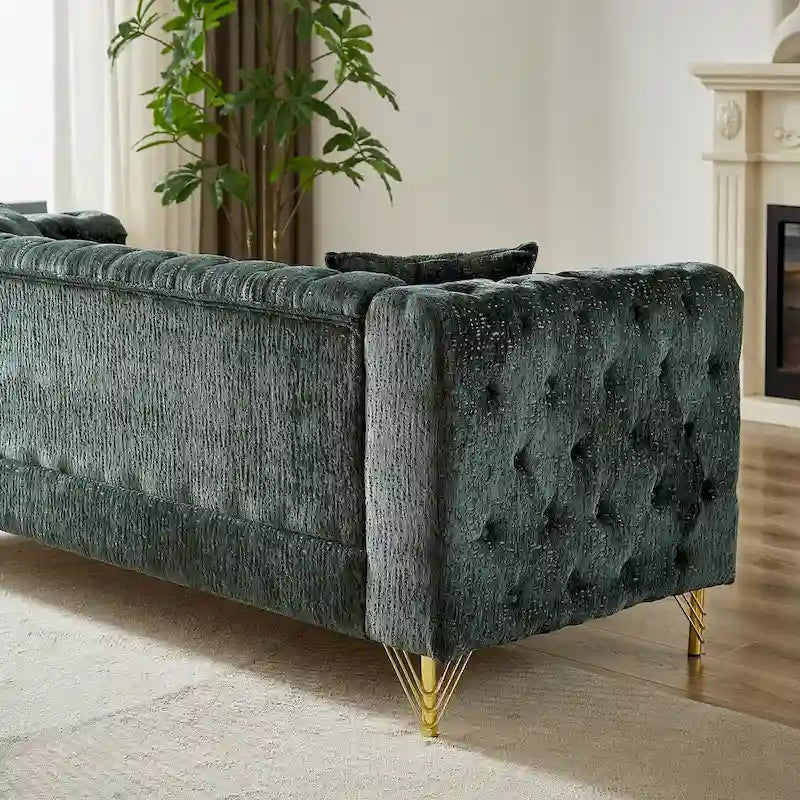 Canapé 3 places Chesterfield en chenille verte avec pieds en métal