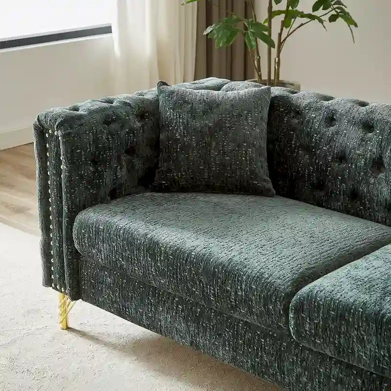 Canapé 3 places Chesterfield en chenille verte avec pieds en métal